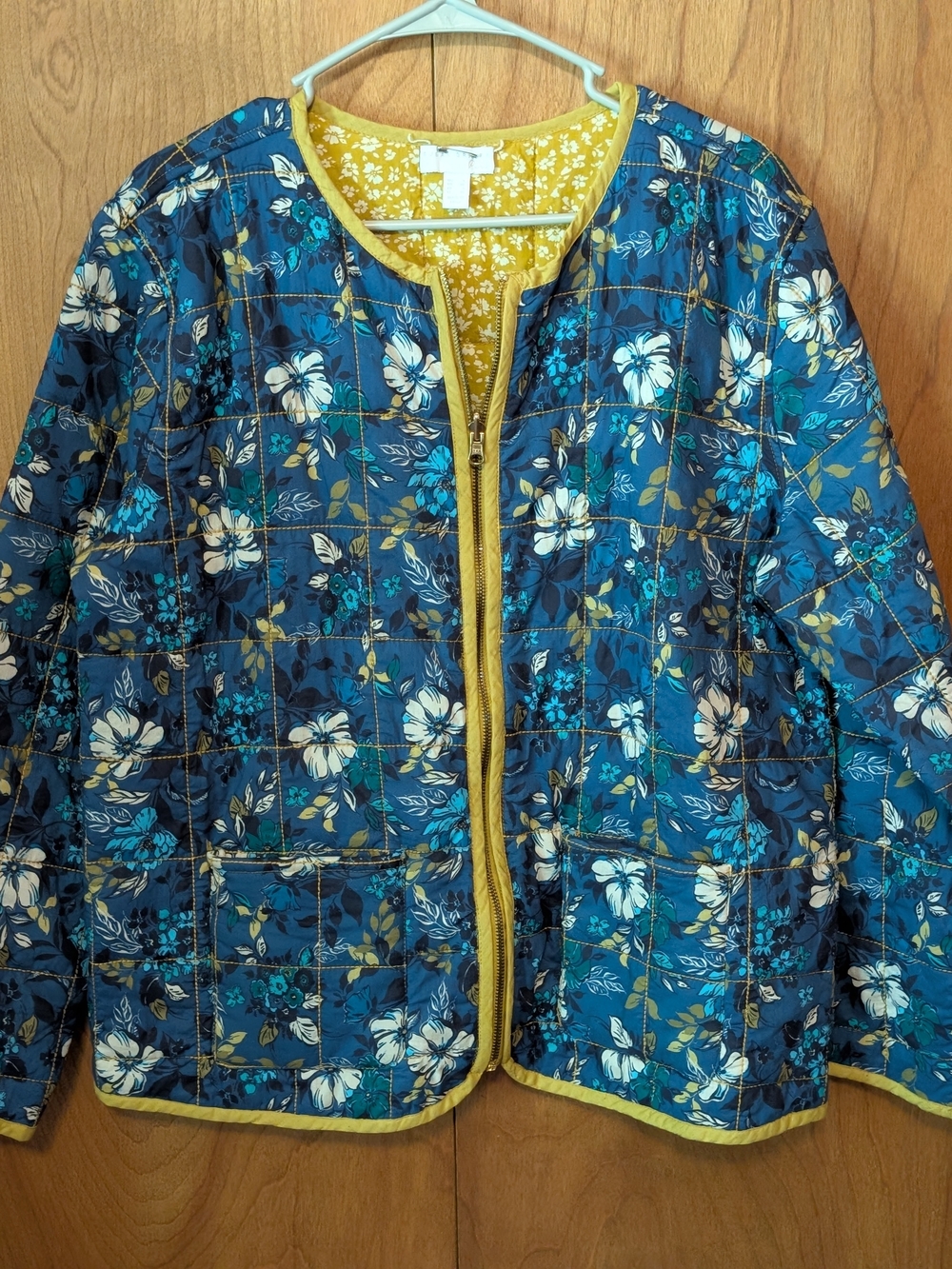 Susan Graver Blue Floral Quilted Jacket with Yellow Trim